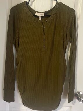 Jessica Simpson Olive Ribbed Henley Long Sleeve Top